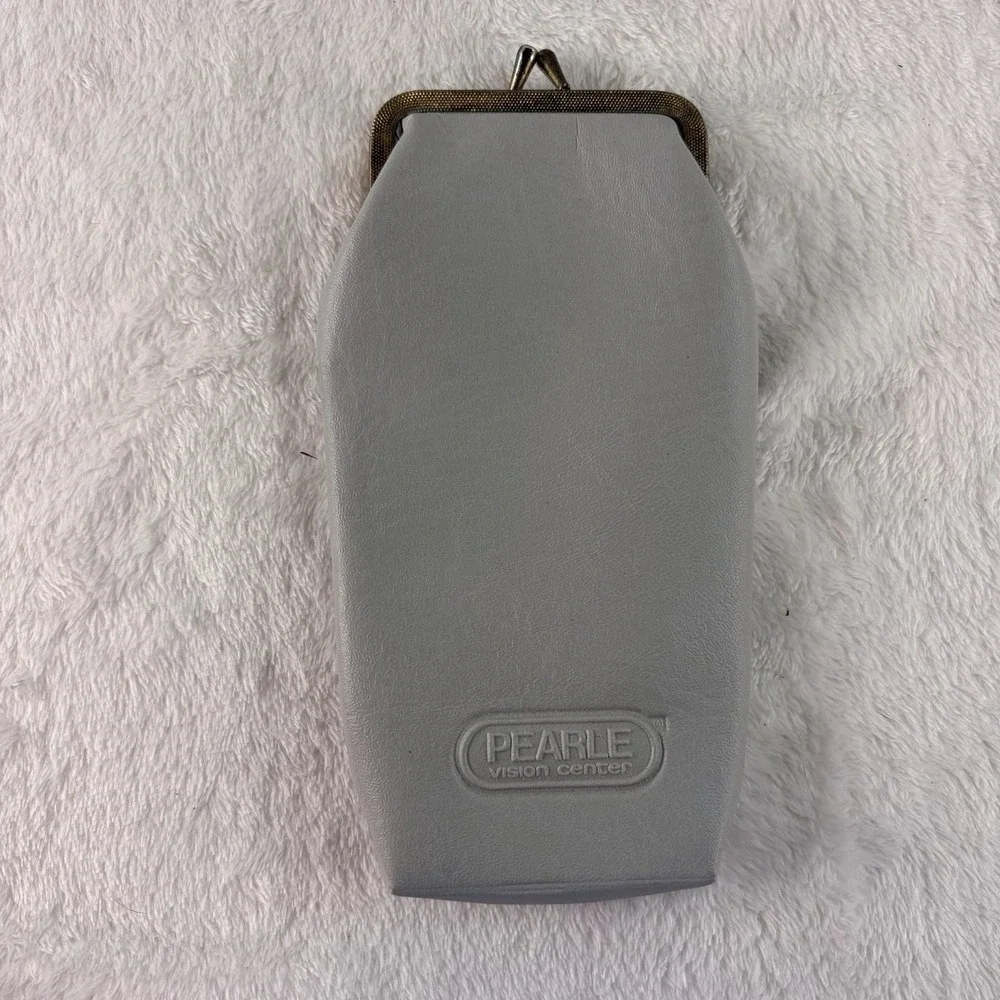 Vintage Pearle Vision Center Glasses Case Gray Leather Kiss Lock Blue Lining EVC